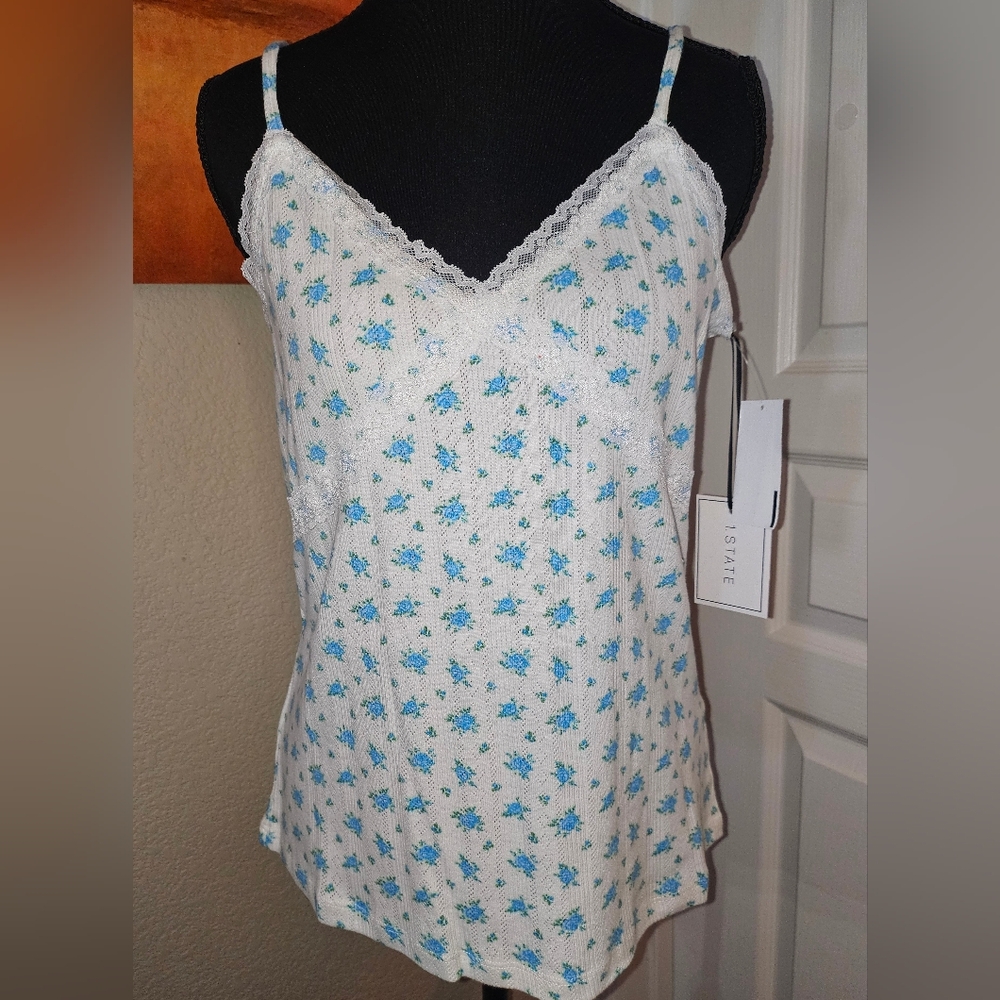 1. State White and Blue Floral Camisole With Lace Trim--100% Cotton